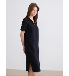 LCW Comfort Siyah Polo Yaka Yırtmaçlı Elbise