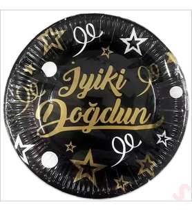 İyiki Doğdun Siyah & Altın Karton Tabak - 23cm x 8 Adet
