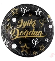 İyiki Doğdun Siyah & Altın Karton Tabak - 23cm x 8 Adet
