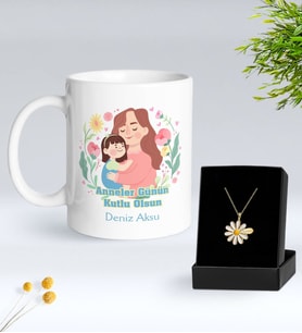 BK Gift Kişiye Özel Anneler Günü Tasarımlı Beyaz Kupa ve Papatya Kolye Hediye Seti - 5, Anneler Günü Hediyeleri, Anneye Hediye