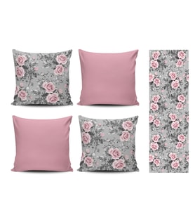 Alkanhomes Pembe Güllü Desenli 4lü Kombin Kırlent Kılıfı+Runner