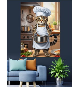 Yemek Yapan Aşçı Kedi Dekoratif Kanvas - Mdf Ahşap Tablo