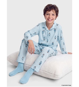 LCW Kids Mavi Gömlek Yaka Erkek Çocuk Pijama Takım