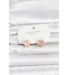 Pirinç Gold Renk Pembe Çiçek Model Çocuk Küpe