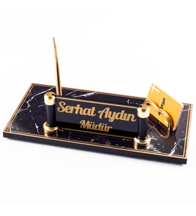 Piano Mermer Desen Ahşap Gold Kalemli Masa İsimliği Ofis Masaüstü İsimlik Seti Ekonomik İş Hediyesi