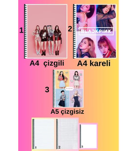 blackpink 3 adet defter seti A4 büyük boy 72 sayfa çizgili_kareli + A5 çizgisiz defter seti
