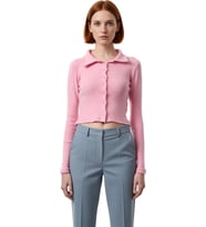 Kadın Esnek Örme Bluz Vücuda Oturan Crop Boy Gömlek Yaka Uzun Kollu Düğmeli Casual Günlük Kışlık