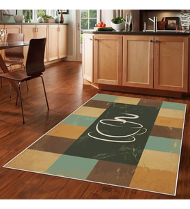 Yeşil Kahve Fincanlı Patchwork Desenli Yıkanabilir Kaymaz Taban Leke Tutmaz Modern Mutfak Halısı
