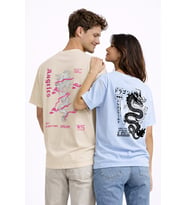 Sevgili Kombini Dragon Baskılı Çift Tişört Oversize Unisex Street Partner Kombin Seti (Bej)