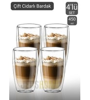 4’lü Set Büyük Latte Bardağı Cappuccino Bardağı Çift Cidarlı Bardak Americano Bardağı 450 ml