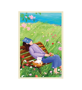 Doğada Huzur, Kedi ve Kitap Keyfi – İllüstrasyonlu Hediye Not Kartı & Dekoratif Kartpostal, Özel Tasarım ve Anlamlı Hediye (Mavi-Yeşil-Siyah-Beyaz)