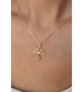 Gümüş Altın Kaplama Taşlı Kartanesi Lotus Çiçeği Kolye 925 Ayar