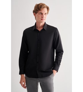 Siyah Sert Yaka Uzun Kol Slim Fit Pamuklu Gömlek 1004255175