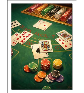 Blackjack Masası Ve Poker Çipleri Dekoratif Kanvas - Mdf Ahşap Tablo