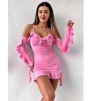Pembe  Madonna Yaka Çiçek Figürlü Mini Elbise