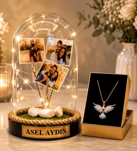 Kişiye Özel 3 Fotoğraflı LED Işıklı Fanus ve Renkli Taşlı Anka Kuşu Kadın Kolye Hediye Seti (HA1)