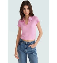 Kısa Kollu Fitted Polo Yaka Viskoz Örme Bluz Uzun Ömürlü Rahat Kullanım Dayanıklı Malzeme (Açık Pembe)