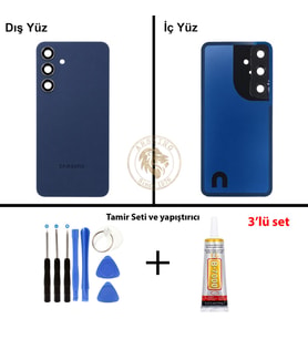 Samsung Galaxy S24 Mavi Renk Lensli Arka Kapak + Tamir Seti + B7000 Yapıştırıcı Arka Cam Batarya Kapağı Pil Kapağı Lazer Kesim Back Cover Galaxy S24 Uyumlu