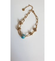 ÇELİK BİLEKLİK NAZAR BONCUKLU 316L DÜĞÜM DETAYLI 14 AYAR GOLD RENGİNDE 17+4 CM KARARMAZ FMACCESORİES