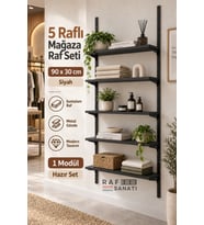 1 Modül 90x30 cm 5 Raflı Geniş Mağaza Duvar Rafı Konik Dikme Sistem Siyah Suntalam