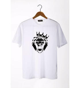 Erkek Beyaz Aslan Baskılı Bisiklet Yaka Oversize Rahat Kalıp Basic T-Shirt 22Y-3400761-2