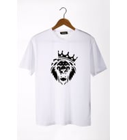 Erkek Beyaz Aslan Baskılı Bisiklet Yaka Oversize Rahat Kalıp Basic T-Shirt 22Y-3400761-2
