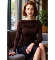 Kadın Bordo Kayık Yaka Drapeli Fitted Esnek Örme Uzun Kollu Bluz Smart Casual Günlük ve Gece