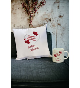Sevgiliye Hediye Kupa Bardak ve Yastık Set 040 (Beyaz)
