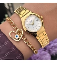 Casio Çelik Kordon, Altın Renk, Roma Rakamlı, Kadın Kol Saati+Nazar Boncuklu Bileklik
