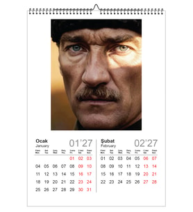 2027 MUSTAFA KEMAL ATATÜRK DUVAR TAKVİMİ-FOTOĞRAF KAĞIDINA BASKILI ÜSTTEN SPİRALLİ VE ASKILI A3 EBAT