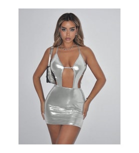 Parlak Deri Cut Out Detaylı Mini Çekici Elbise