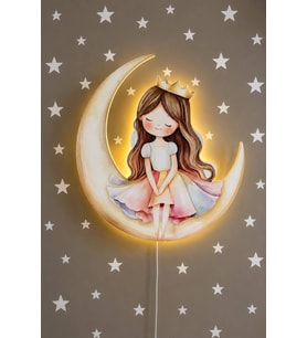 Ahşap Ay Üzeri Prenses Duvar Lambası Pilli LED Gece Lambası Bebek Çocuk Odası-25 Yıldız Sticker Hediyeli