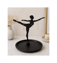 Siyah Metal Balerin Figürlü Takı Düzenleyici, Yuvarlak Tepsili, 21x23 cm