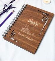 Kişiye Özel İstanbul Desenli Ahşap Kapaklı Defter - Ajanda - İsme Özel - A5 60 Yaprak (120 SAYFA) Hediyelik (Gümüş)