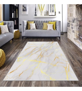 Vizon Desenli Gold Detaylı Yıkanabilir Kaymaz Taban Leke Tutmaz Modern Salon Halısı ve Yolluk