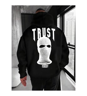 Unisex Trust No Body Baskılı Oversize Baskılı Kapşonlu Sweatshirt 3 Iplik (Siyah)