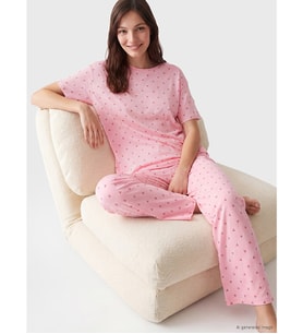 LCW DREAM Ekru Bisiklet Yaka Kiraz Baskılı Kadın Pijama Takımı