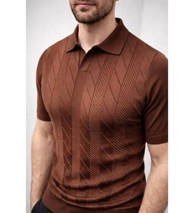 Erkek Yazlık Triko Dokuma Tişört Kısa Kol Polo Yaka T-Shirt - Kahverengi