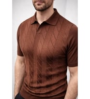 Erkek Yazlık Triko Dokuma Tişört Kısa Kol Polo Yaka T-Shirt - Kahverengi