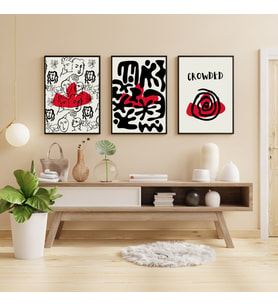 Kırmızı Siyah Kalabalık Duvar Tablosu Çerçeveli 3'lü Set Siyah Renk 30 x 42 Boyut/Ebat (Standart)