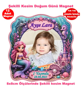 Deniz Kızı Şekilli Kesim 12 Adet Fotoğraflı Kişiye özel Doğum Günü Magnet Hediye Poşetli.