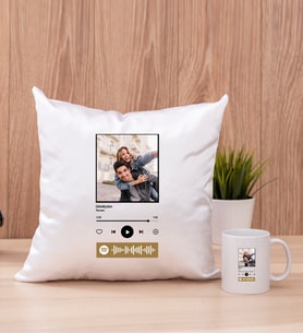 Kişiye Özel Spotify Tasarım Fotoğraflı Kare Yastık ve Beyaz Kupa