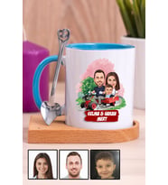 Üç Kişilik Aileye Özel Karikatürlü Ahşap Altlıklı Mavi Kupa Bardak