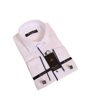 Beyaz Lacivert Tek Bieli Damatlık Ata Yaka Kol Düğmeli Slim Fit Smokin Gömlek - 028