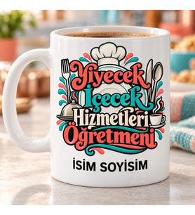 Kişiye Özel Yiyecek İçecek Hizmetleri Öğretmeni Aşçı Şapkası ve Renkli Yazı Desenli Kupa Bardak
