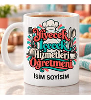 Kişiye Özel Yiyecek İçecek Hizmetleri Öğretmeni Aşçı Şapkası ve Renkli Yazı Desenli Kupa Bardak
