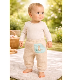Erkek Bebek Beli Lastikli Kanguru Cepli Ayıcık Baskılı Peluş Alt Pantolon - KREM / 3-6 AY