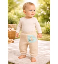 Erkek Bebek Beli Lastikli Kanguru Cepli Ayıcık Baskılı Peluş Alt Pantolon - KREM / 3-6 AY