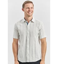 Koyu Lacivert Kısa Kollu Armürlü Garnili Pamuklu Casual Slim Fit Gömlek 1004240244