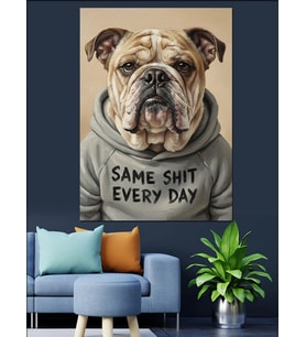 " Her Gün Aynı .. "Yazan Hoodieli Bulldog Köpeği Ciddi Bakış Dekoratif Kanvas - Mdf Ahşap Tablo
